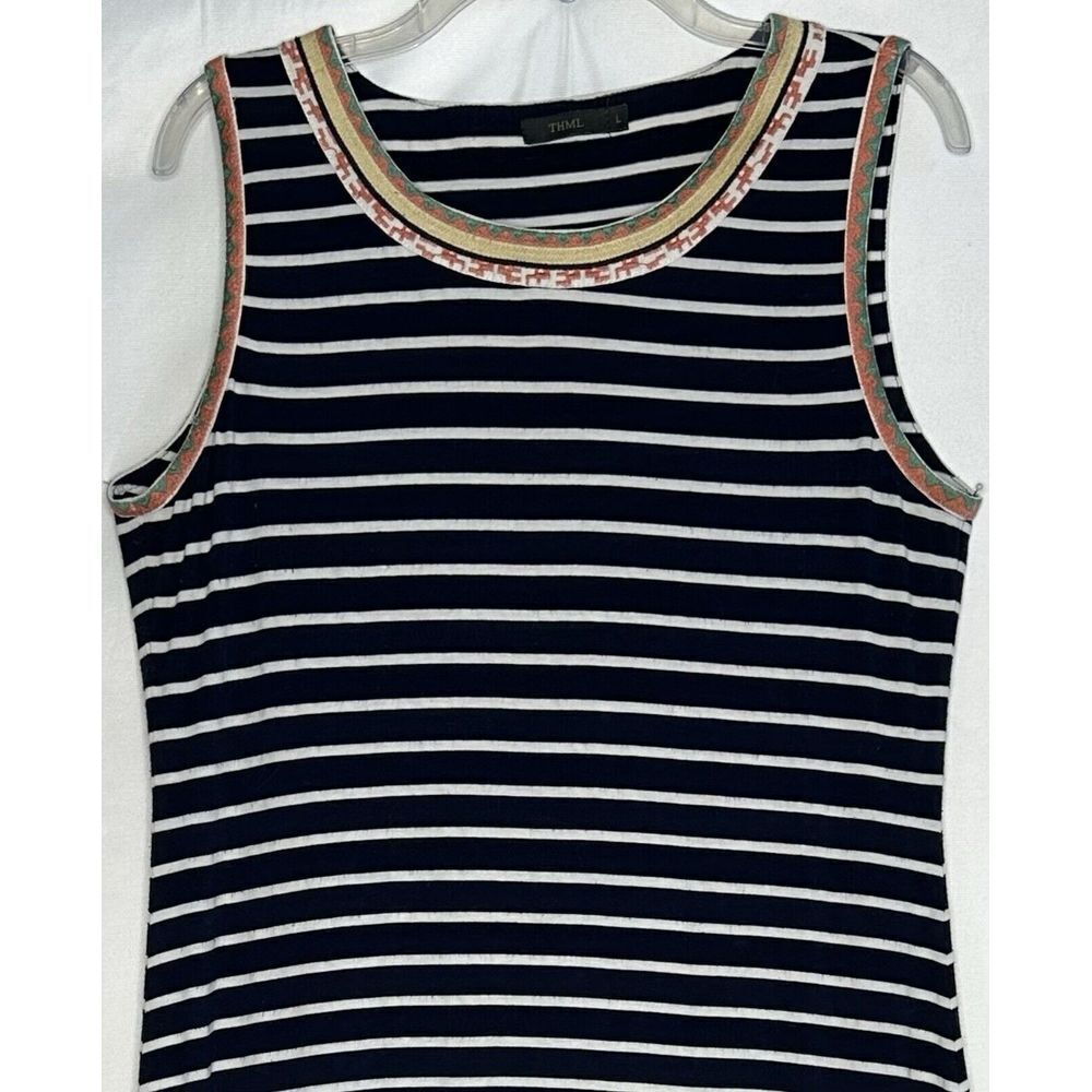 THML Maxi Dress Navy White Stripped Embroidery Detail Side Slit Boho Beachy Sz L - Picture 3 of 8